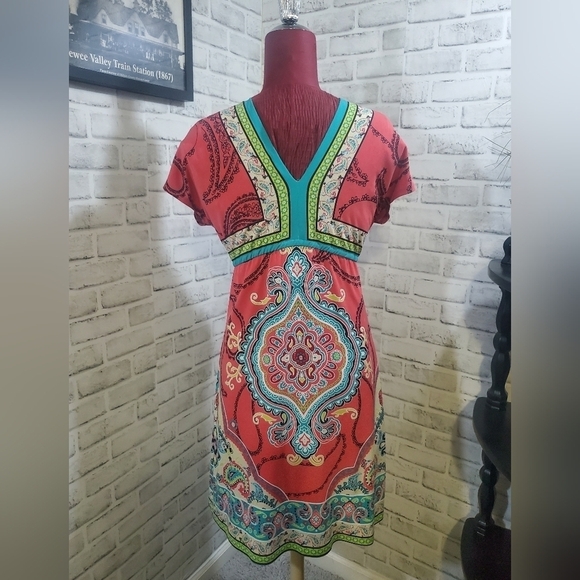 Style & Co V-Neck Short Sleeve Boho Dress Size PS. Teal, Orange, Yellow, Green - Picture 4 of 8